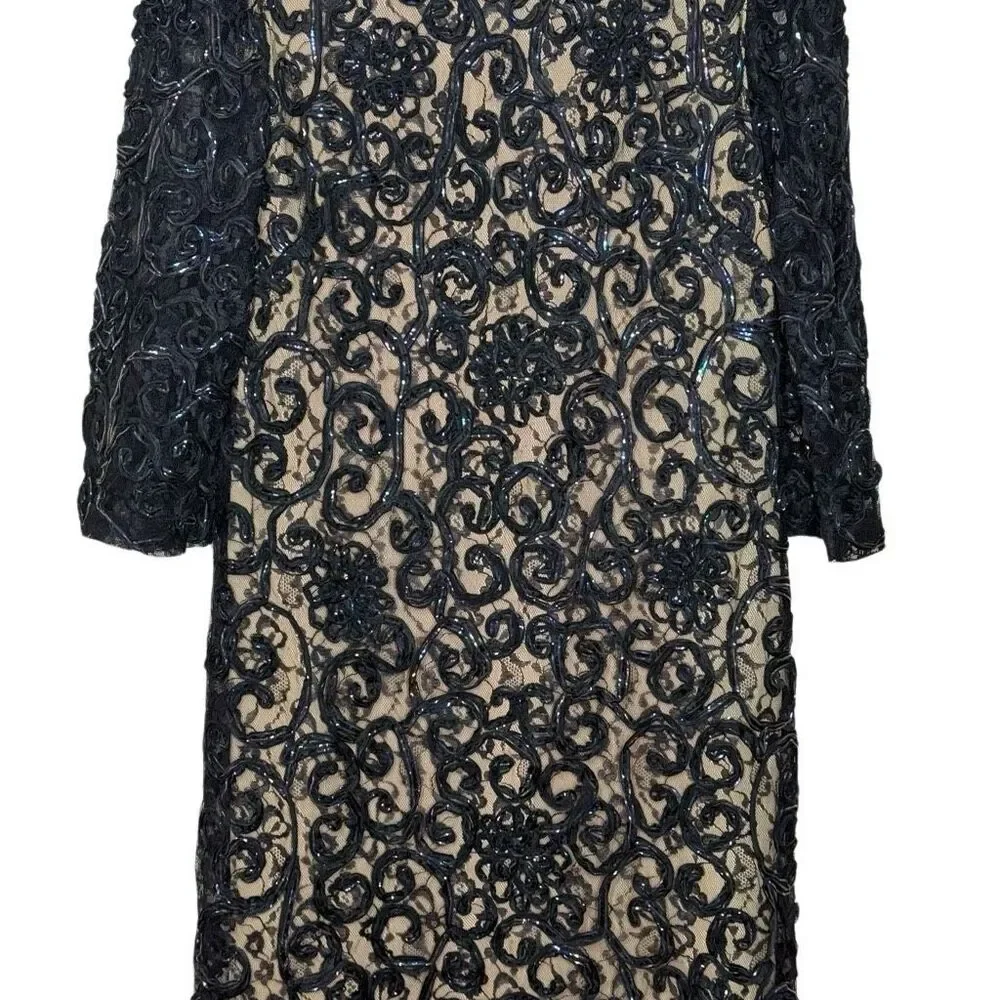 Vintage Joseph Magnin Black Tan 3/4 Sleeve Shift Mini Dress Size 9-10 Lace 60s_3